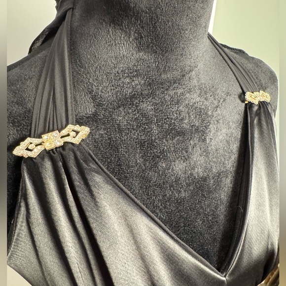 Cache Black Satin fit and flare halter Dress gold embellishment flattering - Picture 3 of 9